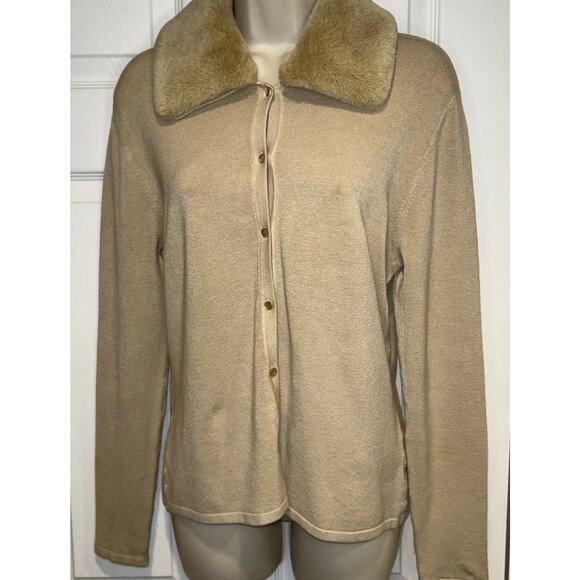 BCBGMaxazria Faux Fur (removable) beige tan Cardigan Women Timeless Luxury Sz L - Picture 7 of 12